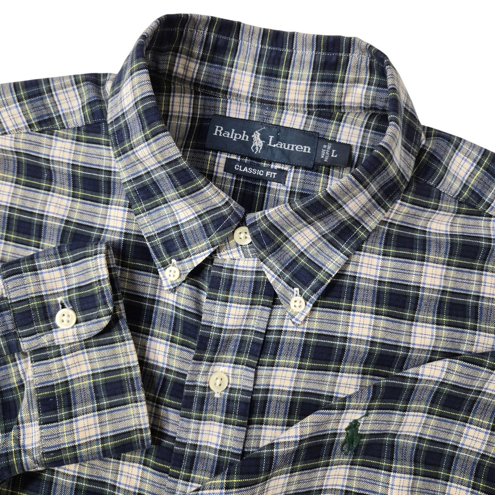 Ralph Lauren Button Down Shirt Men Large Classic Fit Blue Plaid Long Sleeve Pony